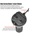 Solid 75 Mm Leveling Half Ball Adapter With Fast Turn Lever Lock top view showing duo screw knob, lever clamp, and fine tuning features.