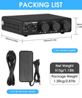 Beast 300W Per Channel Class D Stereo Amplifier for Home Theater and Studio Monitors with power adapter and dimensions