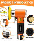 Beast Mini Random Orbital Air Sander Kit 1 2 3 Inch with backing plates, showing intake control and muffler exhaust vent details.