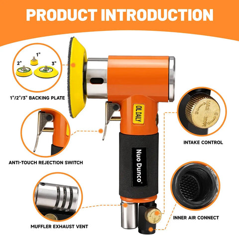 Beast Mini Random Orbital Air Sander Kit 1 2 3 Inch with backing plates, showing intake control and muffler exhaust vent details.