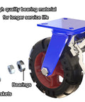 Heavy Duty 300 Mm Rubber Casters Set with Silent Roll, focusing on bearings and gaskets, blue braked caster detail