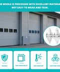 Two Pack Heavy Duty Garage Door Hinges For Variants 1 2 And 3 14 Gauge Galvanized Steel Replacement Parts For Residential And Light Commercial Doors Smooth Operation, shown with closed industrial garage doors in the background.