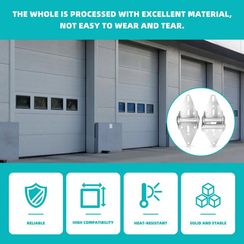 Two Pack Heavy Duty Garage Door Hinges For Variants 1 2 And 3 14 Gauge Galvanized Steel Replacement Parts For Residential And Light Commercial Doors Smooth Operation, shown with closed industrial garage doors in the background.