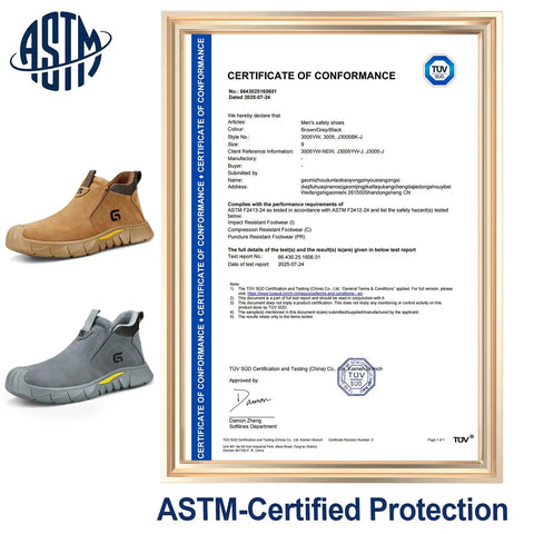 Grey Mid Cut Welding Safety Boots With Steel Toe For Men, Slip On Work Shoes Built Tough For Welders shown with ASTM certification document