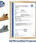 ASTM certified brown and grey mid cut welding work boots with steel toe slip-on for welders, construction, and industrial jobs