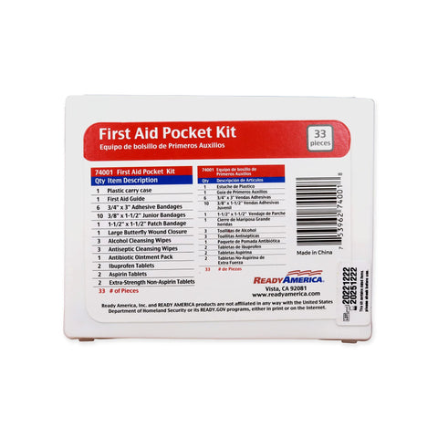 Back view of Ready America First Aid Pocket Kit in a white plastic case with red label and 33 pieces