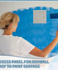 Heavy Duty Access Panel For Drywall 14 By 10 Inch sleek white ABS plastic wall plate on blue painted wall during painting.