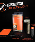 Rechargeable 1800 Lumen Twist Flashlight With 3 Color Modes White Green Red, Adjustable 90 Degree Beam, Camo Body displayed with box and accessories