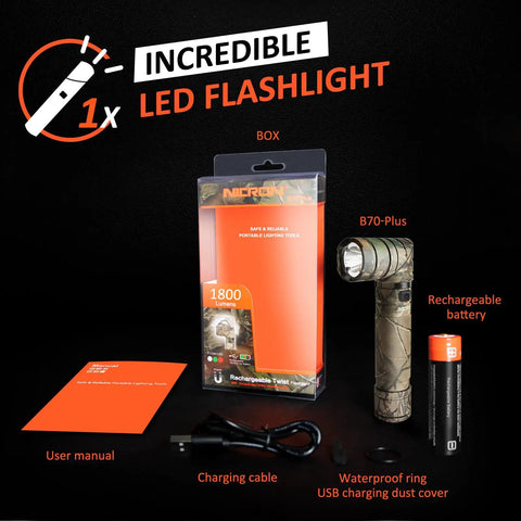 Rechargeable 1800 Lumen Twist Flashlight With 3 Color Modes White Green Red, Adjustable 90 Degree Beam, Camo Body displayed with box and accessories
