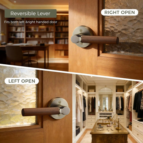 Walnut Wood Decorative Door Lever Two Pack With Antique Brass Finish Zinc Alloy Base Non Locking Dummy Handle For Interior Doors Warm Touch And Premium Cozy Vibe reversible lever on wood interior door