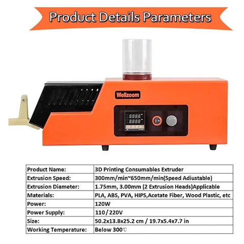 No Sweat 3D Filament Extruder Machine in orange, compact design with digital display, adjustable speed and temperature settings.