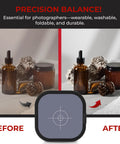 Compact dual sided 18% grey reference card showing before and after white balance results for photography.