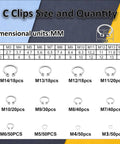 Chart showing C clip sizes and quantities from the 850 Pieces C Clip And E Clip Retaining Rings Set With Snap Ring Pliers And Tweezers In 24 Sizes Stainless Steel 304 For Auto Repair Machinery And DIY Projects Ideal For Quick Fixes