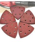 Grab These 60pcs Premium 90mm Triangular Sanding Discs With Durable Hook And Loop Backing Perfect For Detail Work Across 40 To 400 Grit Ranges For Smoother Wood And Auto Finishes That You Truly Need - Close-up of triangular sanding discs with holes.