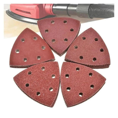 Grab These 60pcs Premium 90mm Triangular Sanding Discs With Durable Hook And Loop Backing Perfect For Detail Work Across 40 To 400 Grit Ranges For Smoother Wood And Auto Finishes That You Truly Need - Close-up of triangular sanding discs with holes.