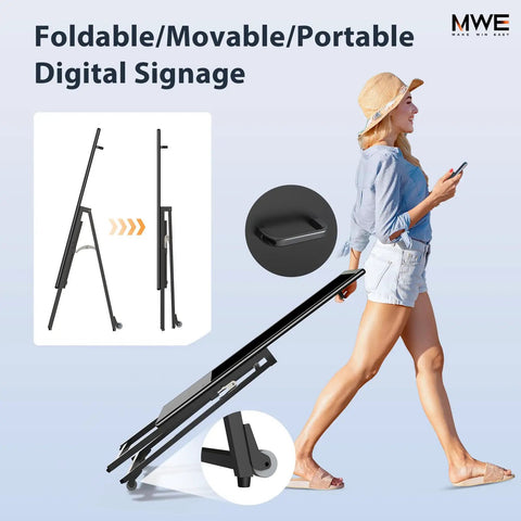 Person moving a foldable 32 Inch Digital Signage Display Portable LCD Kiosk For Advertising Posters Android Kiosk With Auto Media Player