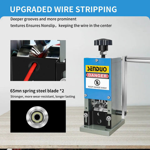 Manual Wire Stripping Machine With Dual Blades, Lightning Fast 50 Feet Per Minute Copper Wire Stripper, metal frame on table