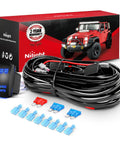 Heavy Duty 16AWG LED Pod Lights Wiring Harness Kit With Four Leads Power Relay Inline Fuse And Weatherproof Connectors Handles Up To 180W Total Blue Finish Ideal For Off Road Trucks Jeeps UTVs And Outdoor Lighting Setups. Harness kit with relay, fuse, and connectors.