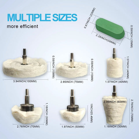 Six Drill Buffing Wheel Kit With Three Polishing Compounds For Metal Stainless Steel Jewelry Wood Ceramic Glass And Other Surfaces, multiple sizes displayed