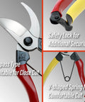 Close-up of 8-inch bypass pruning shears with razor sharp Japanese steel blade, ergonomic non-slip grip, focus on safety lock and spring.