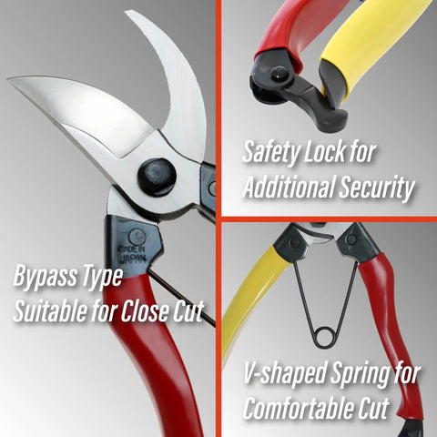 Close-up of 8-inch bypass pruning shears with razor sharp Japanese steel blade, ergonomic non-slip grip, focus on safety lock and spring.
