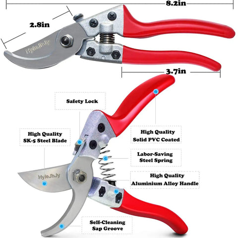 Workhorse Pruning Shears With Stainless SK5 Steel Blades Bypass Garden Shears Straight Tip Florist Scissors Hand Pruners Garden Clippers Heavy Duty Gardening Tools Set Red