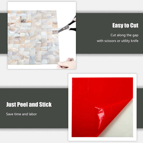 Image demonstrating Peel And Stick Backsplash With Natural Mother Of Pearl Mosaic Shell Tiles being cut and peeled for easy application.