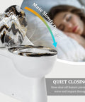 Elongated Toilet Seat for Bathroom in black and white marble design, quiet closing feature, fits standard toilets.