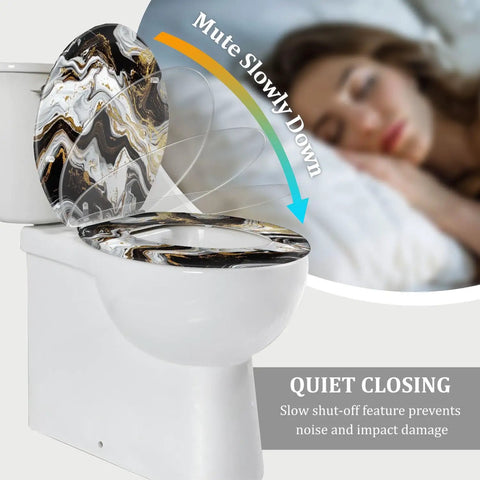 Elongated Toilet Seat for Bathroom in black and white marble design, quiet closing feature, fits standard toilets.