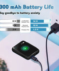 Totally Kid Friendly Bluetooth MP3 Player For Kids With 32GB Storage showing 300mAh battery life and charging on a table