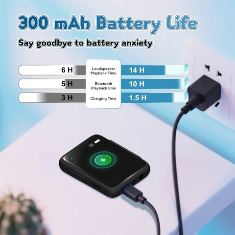 Totally Kid Friendly Bluetooth MP3 Player For Kids With 32GB Storage showing 300mAh battery life and charging on a table