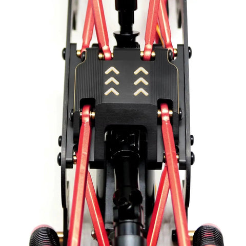 Beefy Brass Chassis Frame Upgrade For 1x18 Scale TRX4M Crawler, top view showing skid plate with transmission mount details