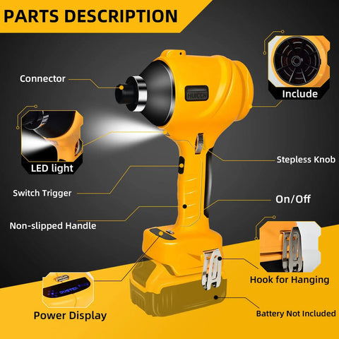 Cordless Dust Blower For 20V Battery High Power Handheld Air Duster Delivers 447 MPH Wind 50,000 RPM 3 Gear Stepless Speed Beast Mode For Garage Workshop Sawmill And Home Cleaning with parts description