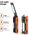 Foldable Handheld Work Light With 500 Lumen LED USB C Rechargeable 180 Degree Pivot And 270 Degree Rotation