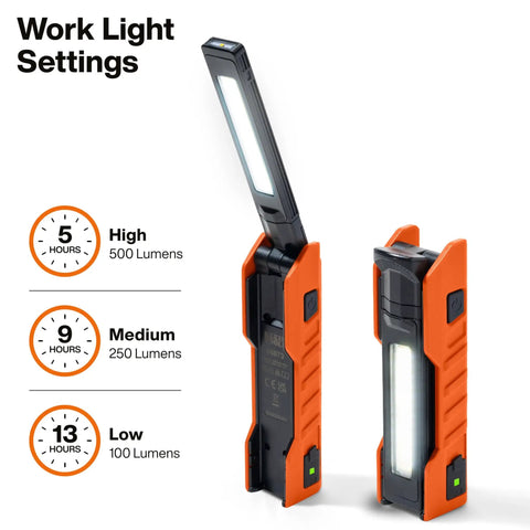 Foldable Handheld Work Light With 500 Lumen LED USB C Rechargeable 180 Degree Pivot And 270 Degree Rotation