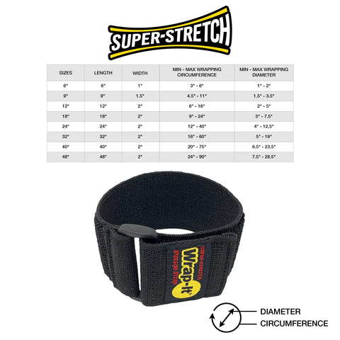 Assorted Twelve Pack Elastic Cinch Straps For Cords with size chart and a black Velcro wrap, ideal for garage and RV organization.