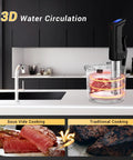 WiFi Sous Vide Cooker ISV100W With 1000W Immersion Circulator app control in kitchen demonstrating 3D water circulation for precise cooking.