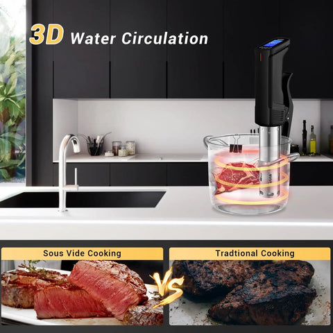 WiFi Sous Vide Cooker ISV100W With 1000W Immersion Circulator app control in kitchen demonstrating 3D water circulation for precise cooking.