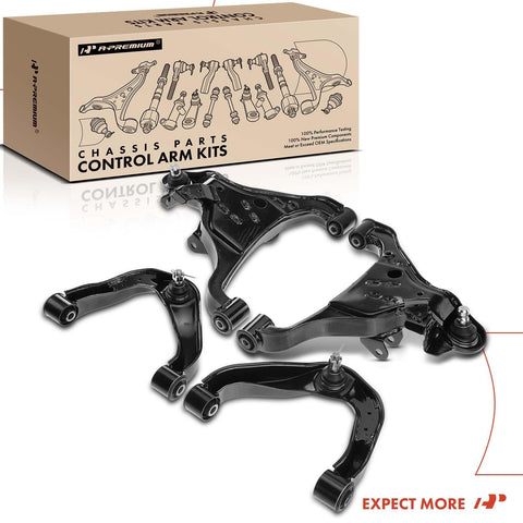 Beefed Up Set Of Four Front Upper And Lower Control Arm Kit With Ball Joints And Bushings For Nissan Frontier 2005 2018 Pathfinder 2005 2012 And Xterra 2005 2015 Designed For Tough Roads And Tight Steering With Smooth Ride box and components displayed