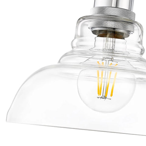 Close-up of glass shade on Four Light Bath Vanity Fixture With Industrial Black Finish, showing bulb detail and metal fittings.