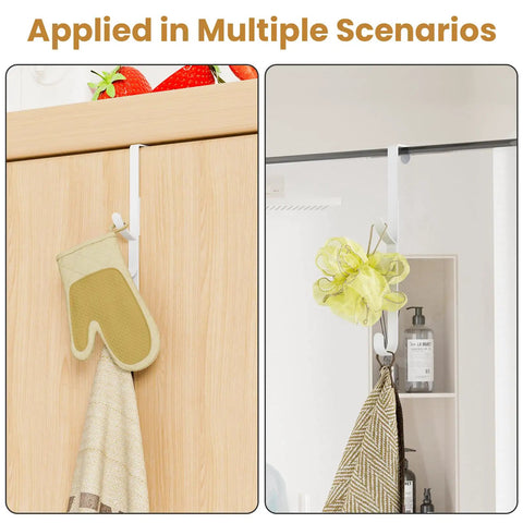 Over The Door Hooks Hanger 2 Pack White used in kitchen and bathroom with towels and accessories hanging