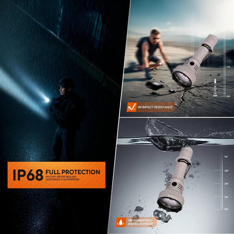 Hardcore L35 Tactical Flashlight 5000 Lumens With 480 Meter Throw in rain with IP68 protection, compact design shown outdoors