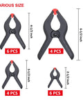 20-Pack Nylon Plastic Spring Clamps Four Sizes With String Bag Organizer For DIY Projects Photography Gluing Gripping And More Includes 6-1/2in 4-1/2in 3-1/2in And 2-1/2in displayed with clamping sizes.