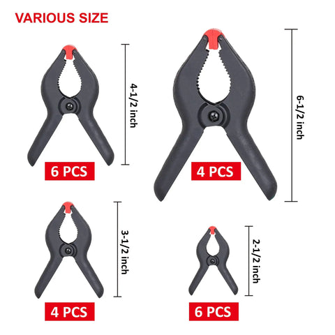 20-Pack Nylon Plastic Spring Clamps Four Sizes With String Bag Organizer For DIY Projects Photography Gluing Gripping And More Includes 6-1/2in 4-1/2in 3-1/2in And 2-1/2in displayed with clamping sizes.