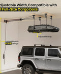 Garage Ceiling Storage Hoist For Roof Cargo Box And Carrier, Heavy Duty Overhead Lift With 4 Point Pulley System installed in garage