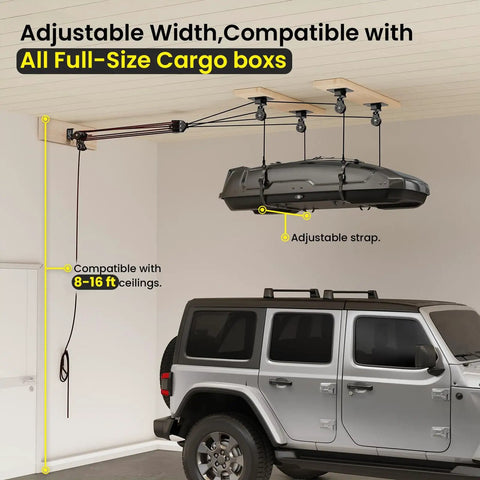Garage Ceiling Storage Hoist For Roof Cargo Box And Carrier, Heavy Duty Overhead Lift With 4 Point Pulley System installed in garage