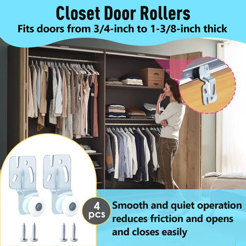Closet Sliding Door Roller Kit For Top Hung Doors, Fits Three Quarter Inch To One And Three Eighths Inch Thick Panels, Includes Eight Screws, Made From Galvanized Steel For Corrosion Resistant Durability, Seven Eighths Inch Roller Diameter, shown in closet installation.