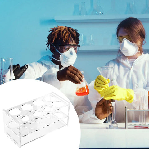 Lab with scientists using Eight Hole Transparent Acrylic Test Tube Rack For Fifty Milliliter Tubes Clear Durable Lab Organizer Stand.