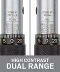 Close-up of Half Inch Drive Micrometer Torque Wrench With 25 To 250 Foot Pound Range, showing high contrast dual range scale.