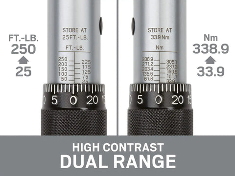 Close-up of Half Inch Drive Micrometer Torque Wrench With 25 To 250 Foot Pound Range, showing high contrast dual range scale.